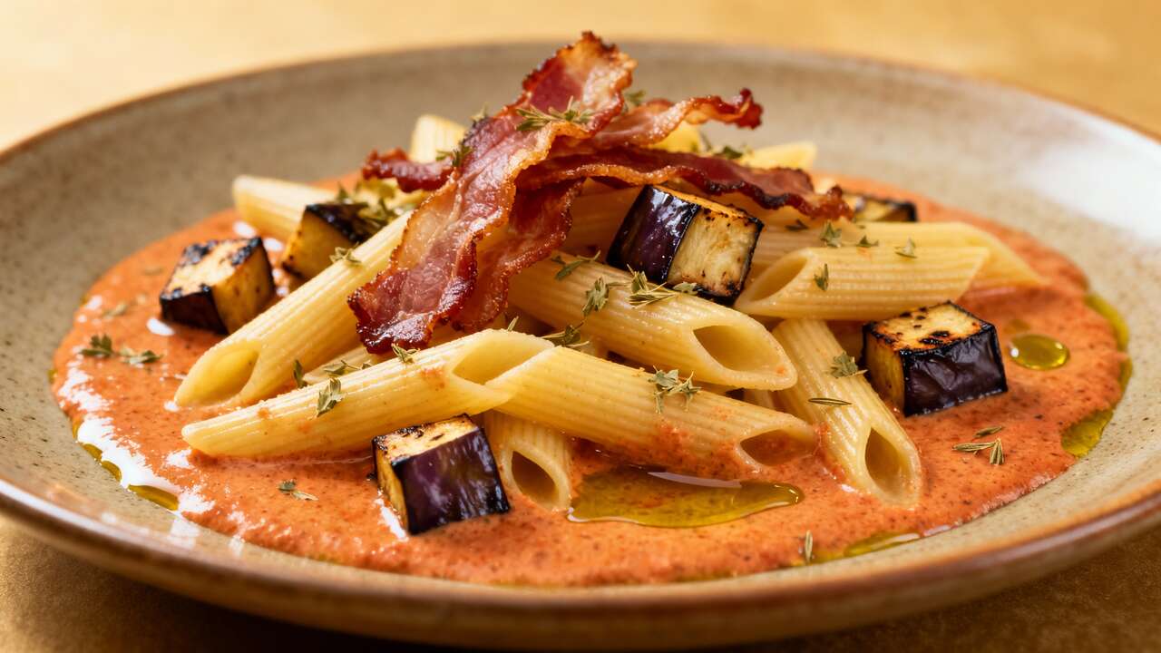 Penne au curry rouge, lardons et aubergines : recette savoureuse