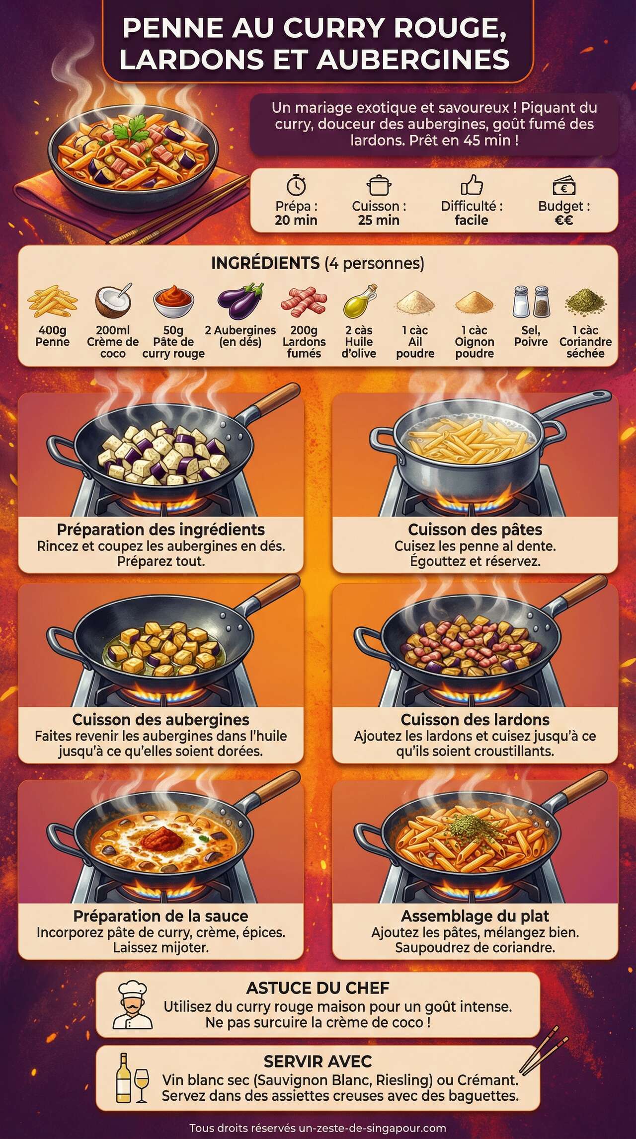 Infographie de la recette Penne au curry rouge, lardons et aubergines : recette savoureuse