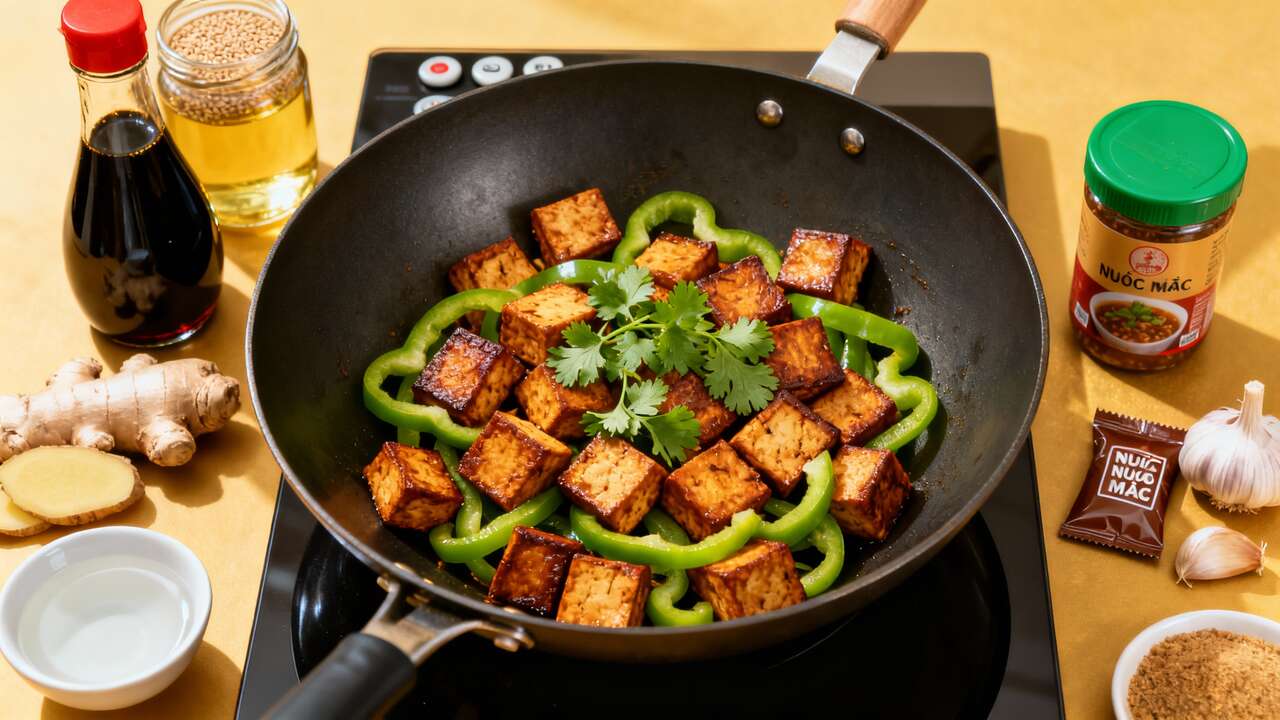 Wok de tofu fumé au poivron vert : recette savoureuse