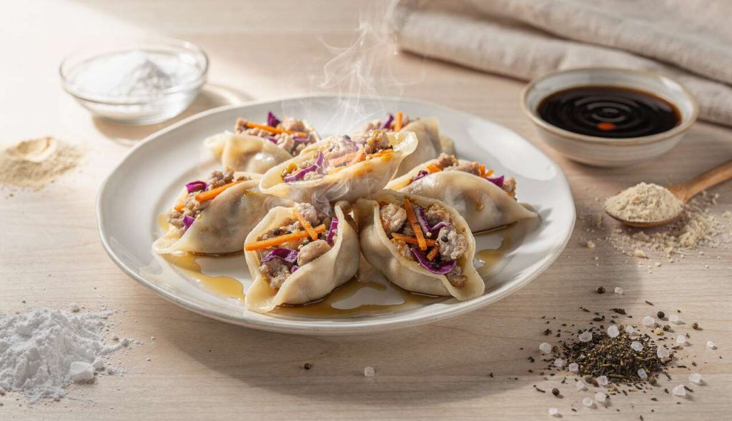 Raviolis sans gluten : porc, carotte et chou rouge