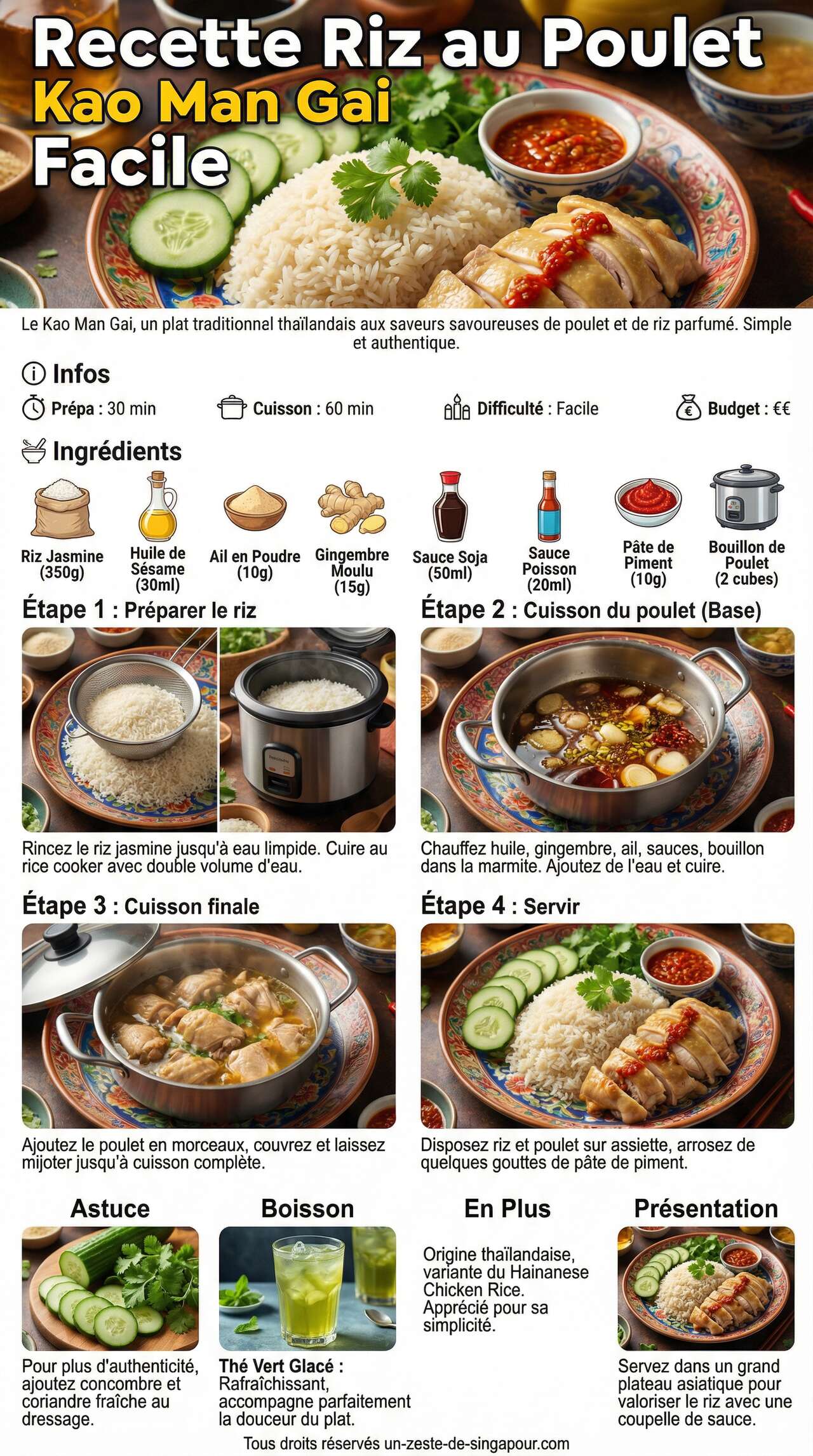 Fiche recette Recette Riz au Poulet Kao Man Gai Facile