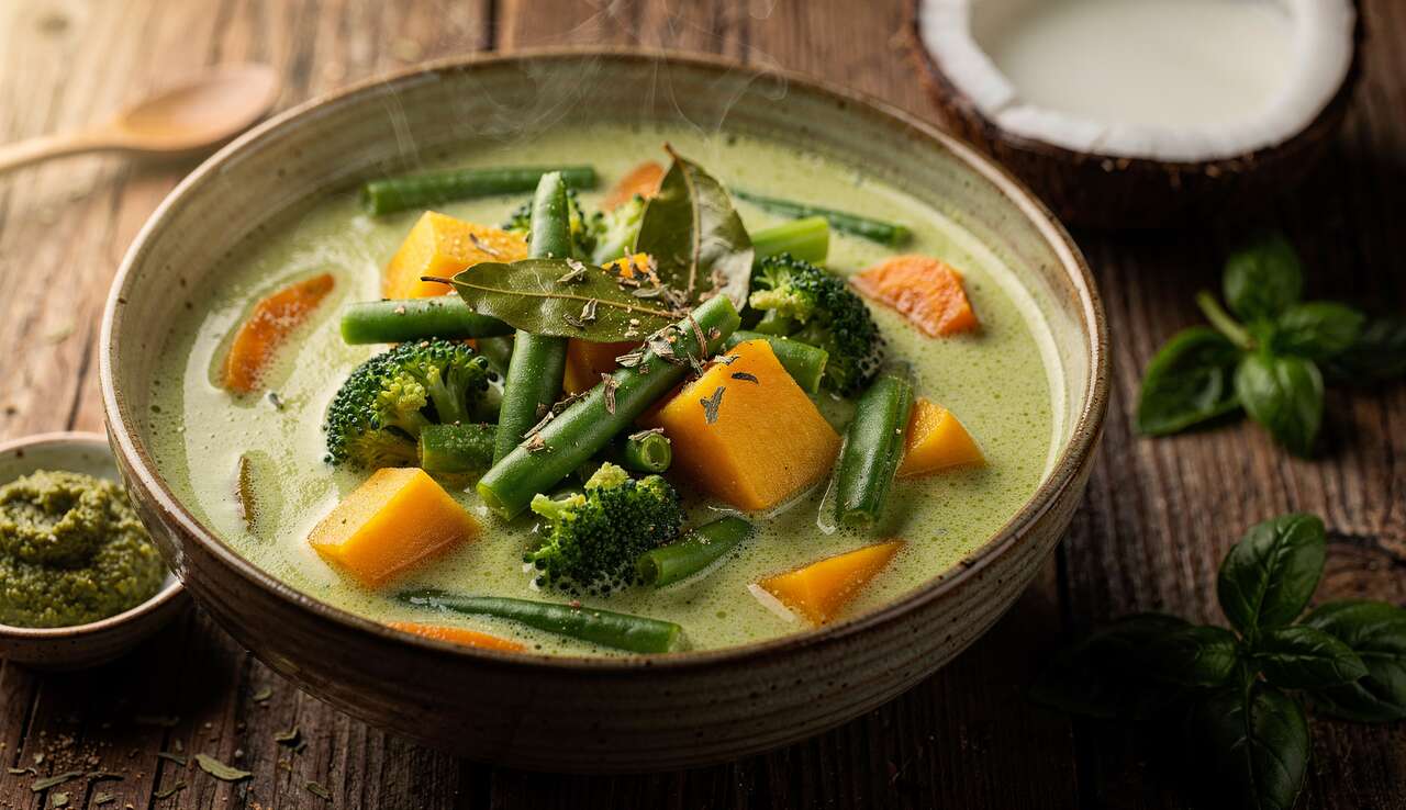 Soupe curry vert au lait de coco : recette veggie et vegan