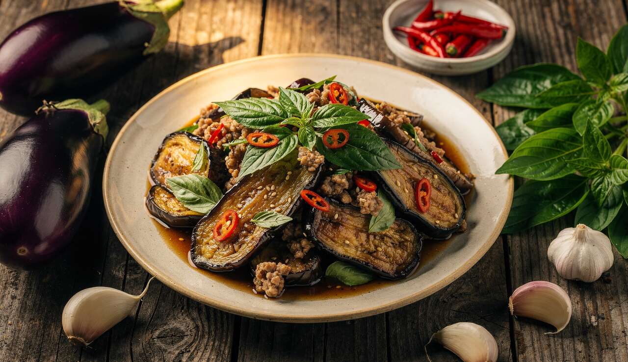 Recette d'aubergine sautée au porc haché et basilic thaï