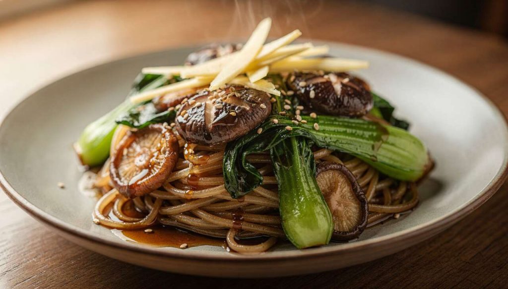 Nouilles sautées au bok choy et shiitake : recette veggie rapide en 20 minutes