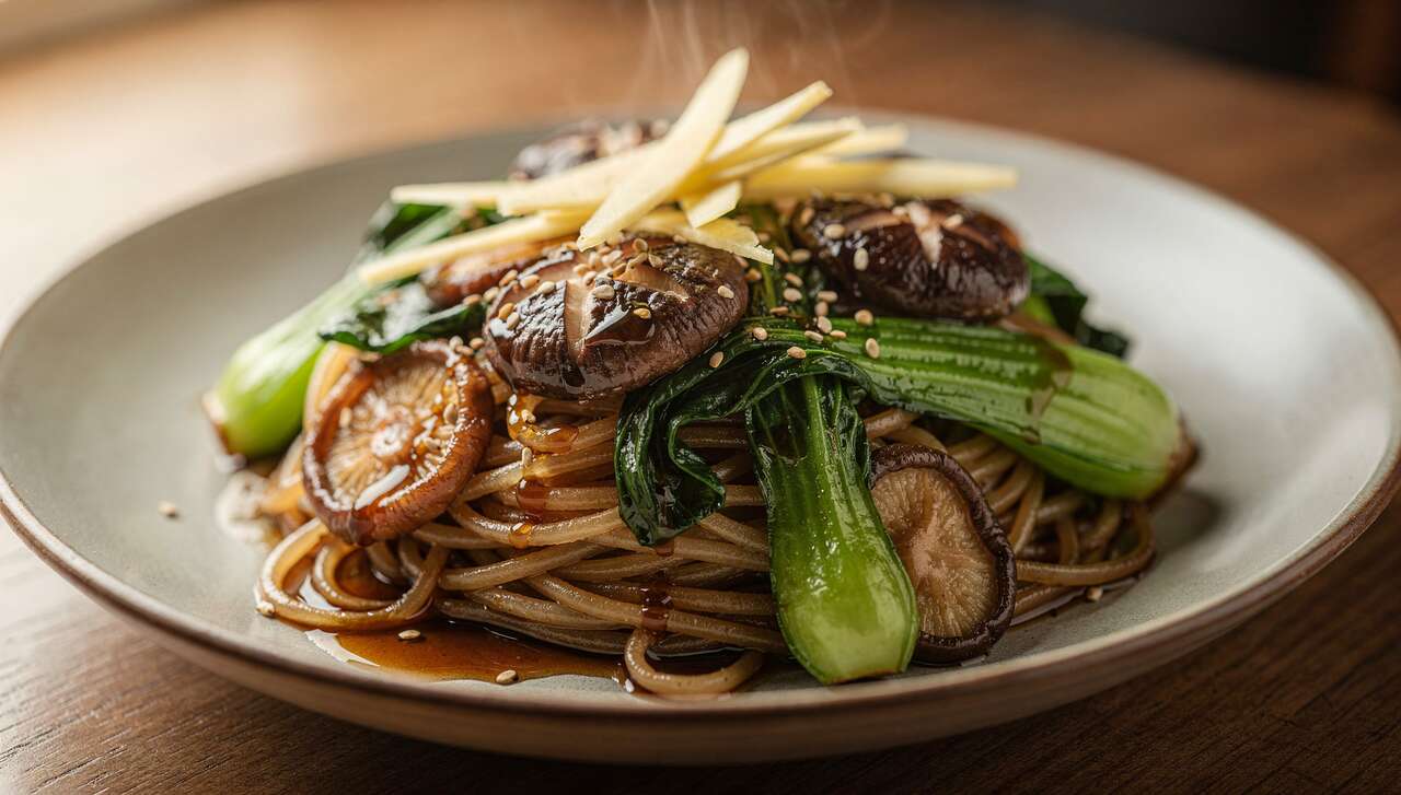Nouilles sautées au bok choy et shiitake : recette veggie rapide en 20 minutes