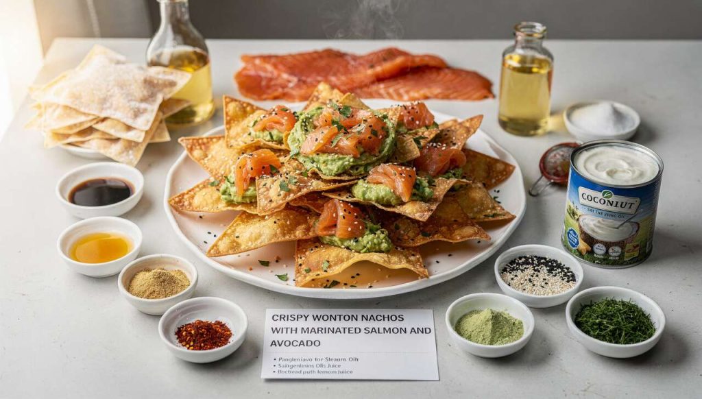 Nachos croustillants de wonton au saumon mariné et avocat : recette originale