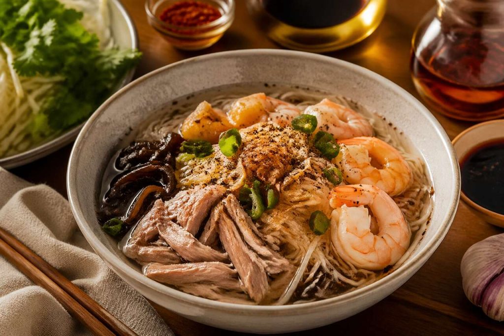 Recette de soupe vermicelles de riz au porc et crevettes maison