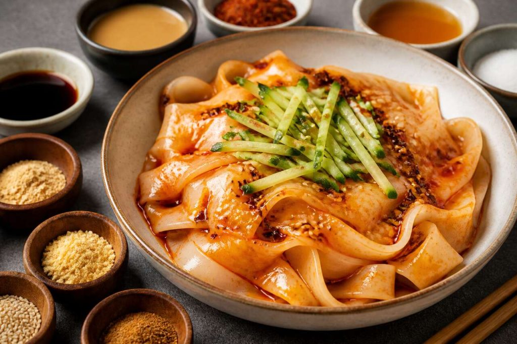 Recette de liang pi : nouilles de riz à la sauce sésame épicée