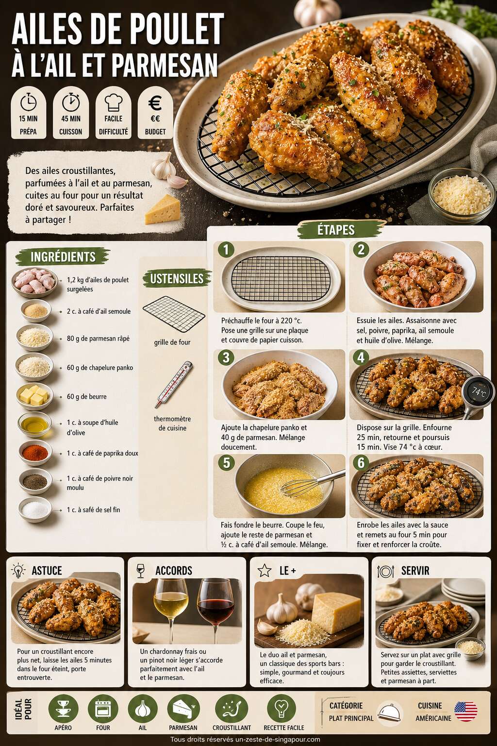 Fiche recette Ailes de poulet à l'ail et parmesan : recette savoureuse Fiche recette Ailes de poulet à l'ail et parmesan : recette savoureuse