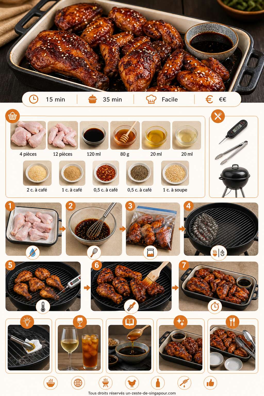 Fiche recette Cuisses et ailes de poulet grill&eacute;es sauce soja-miel : recette barbecue savoureuse