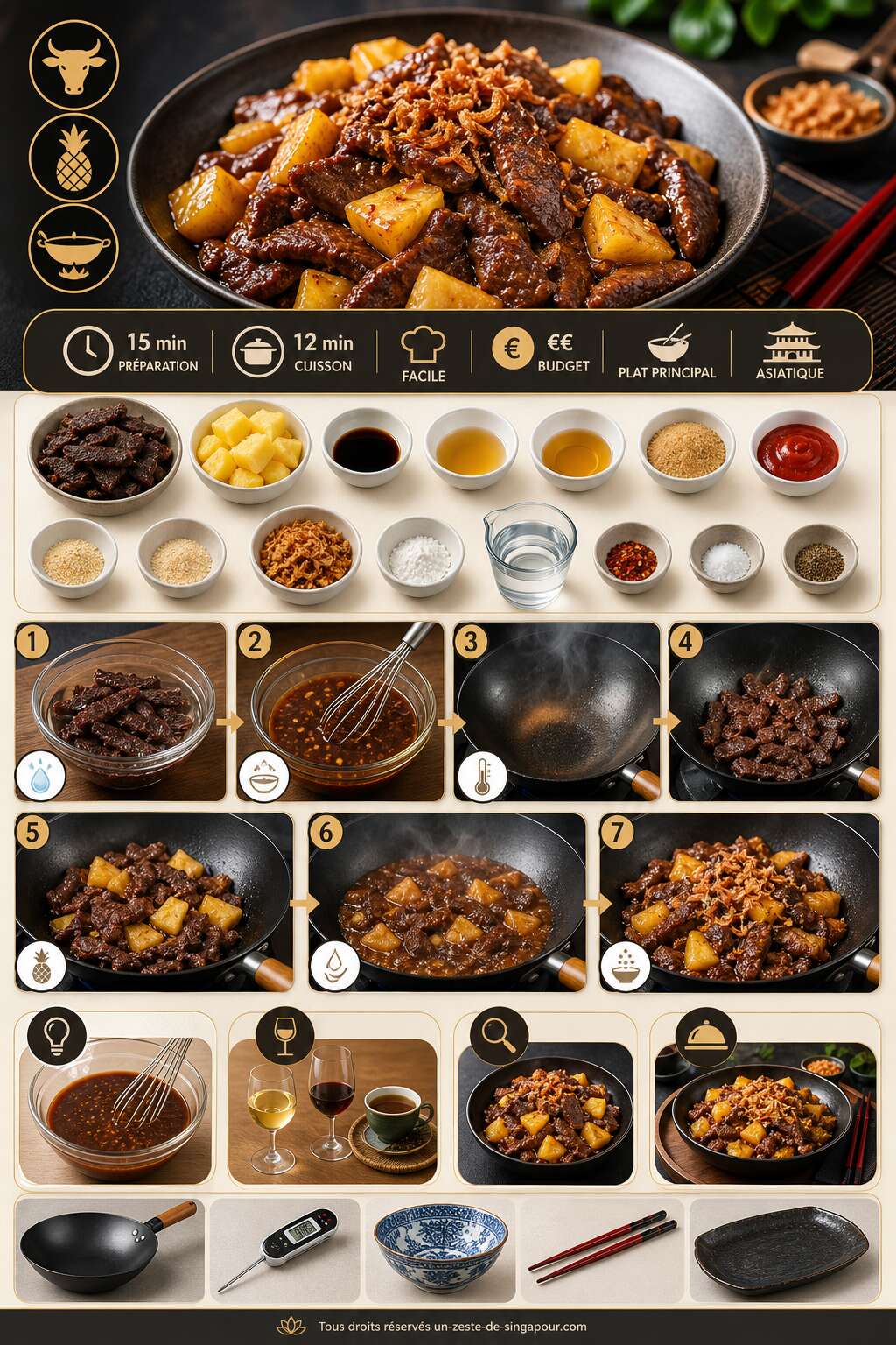 Fiche recette Bœuf sauté à l'ananas : recette exotique et savoureuse Fiche recette Bœuf sauté à l'ananas : recette exotique et savoureuse