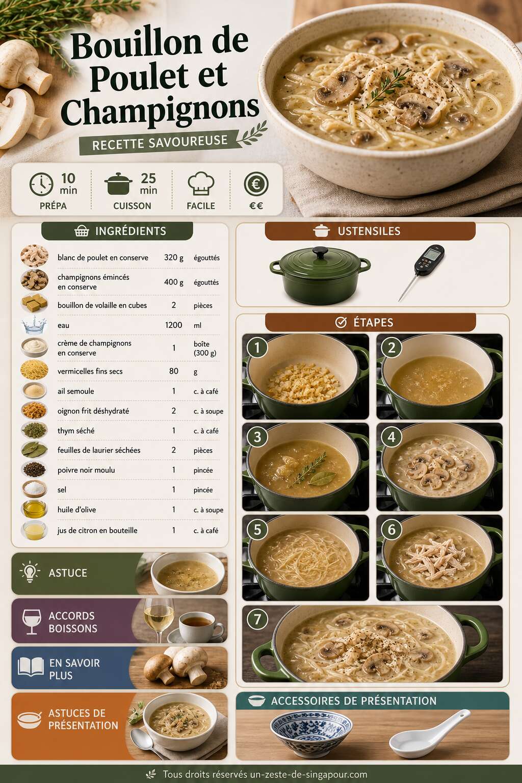 Fiche recette Bouillon De Poulet Et Champignons : recette Savoureuse