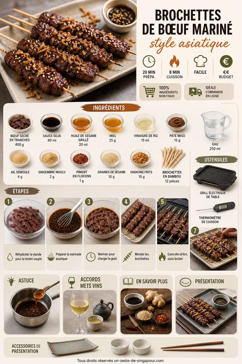 Fiche recette Brochettes de bœuf mariné style asiatique : la recette maison facile Fiche recette Brochettes de bœuf mariné style asiatique : la recette maison facile
