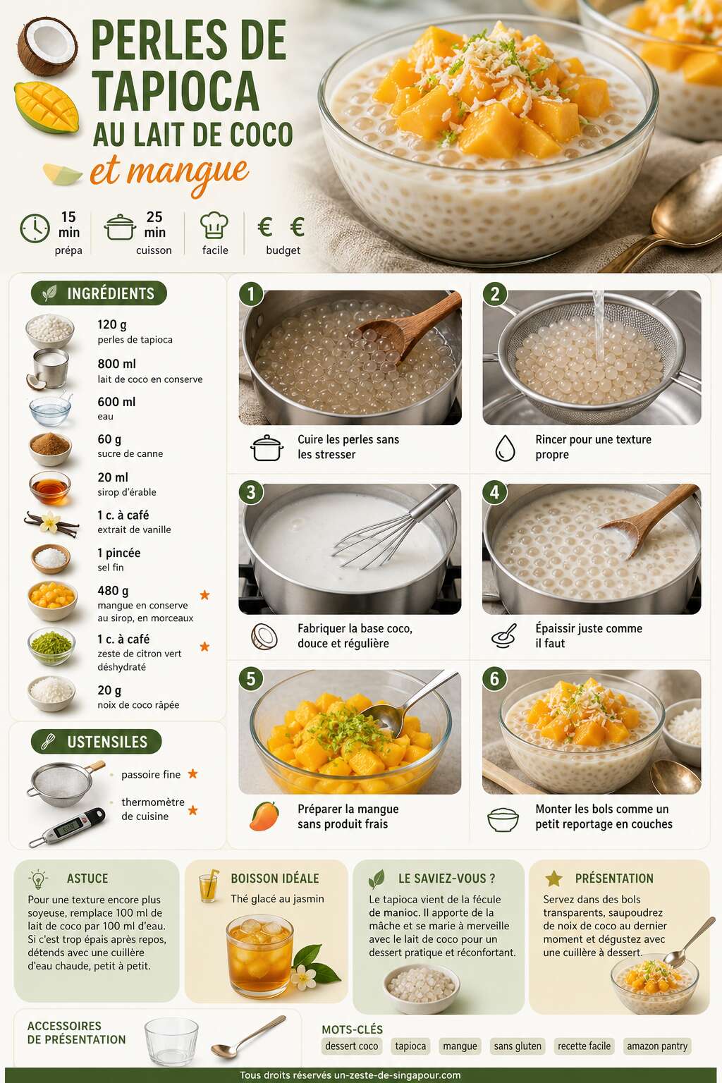 Fiche recette Recette : perles de tapioca au lait de coco et mangue Fiche recette Recette : perles de tapioca au lait de coco et mangue