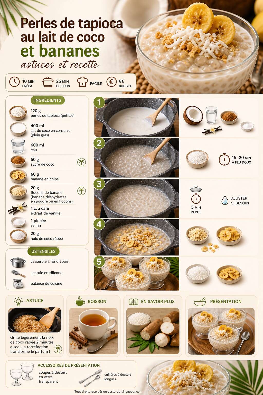 Fiche recette Perles de tapioca au lait de coco et bananes : astuces et recette