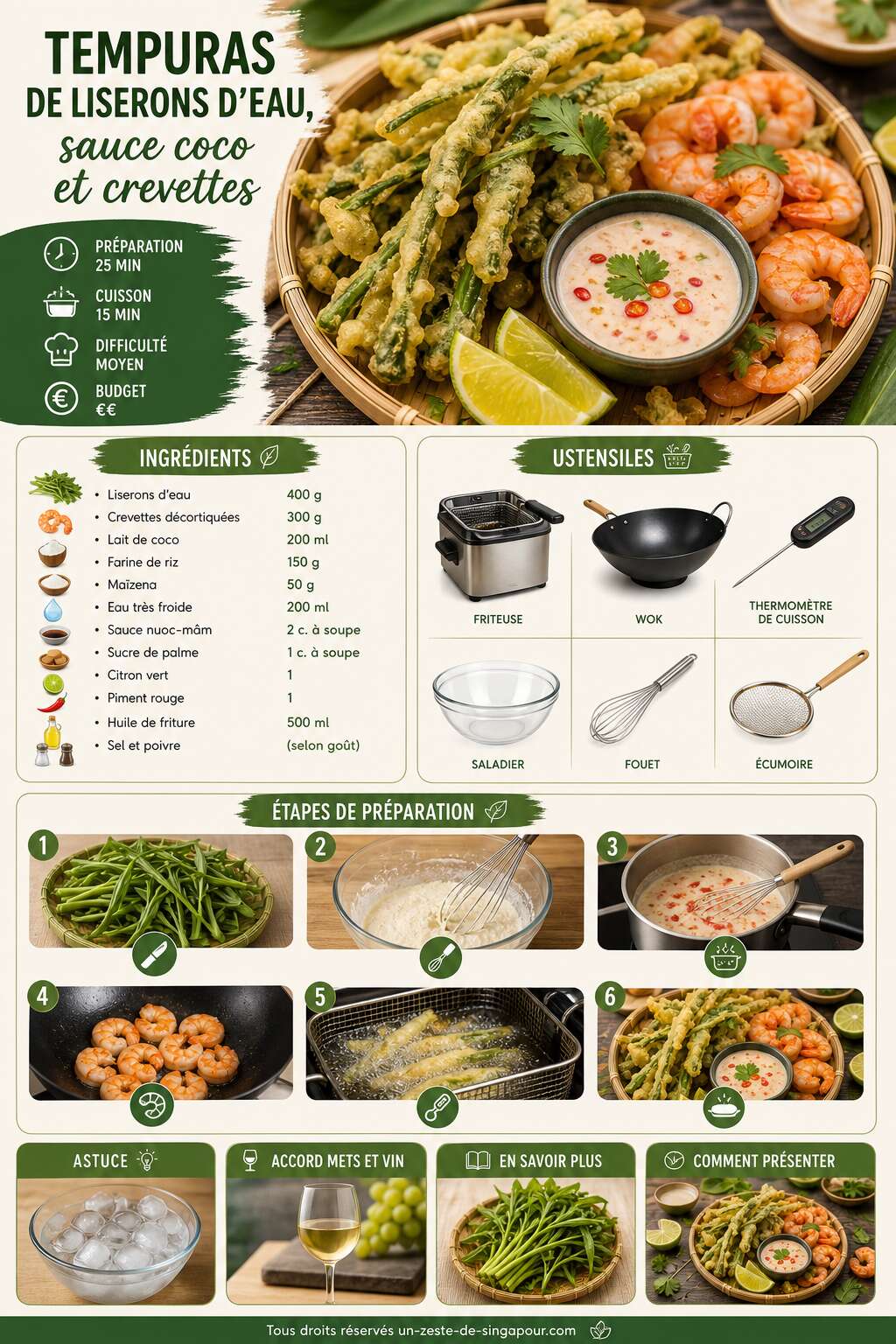 Fiche recette Recette : tempuras de liserons d'eau, sauce coco et crevettes