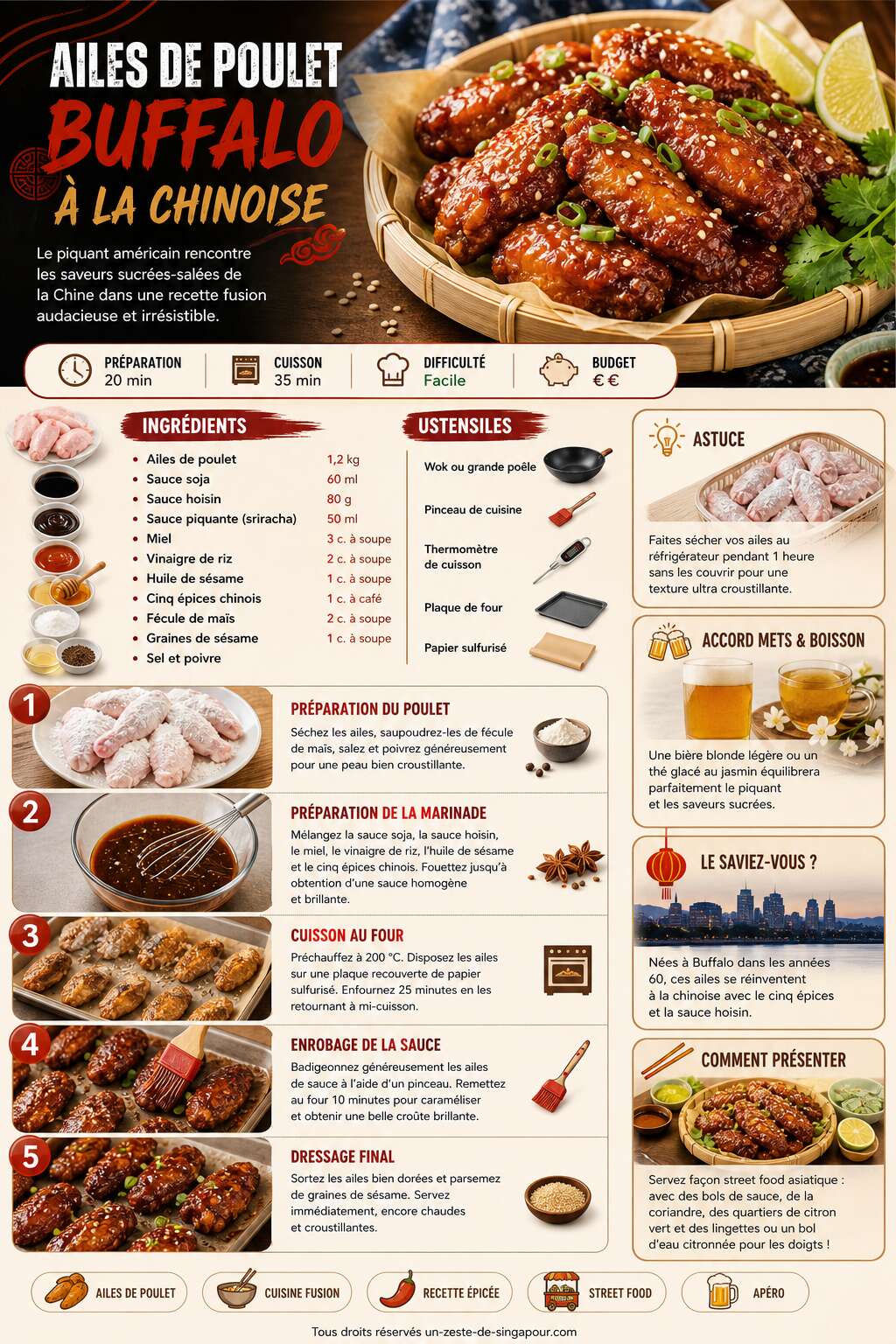 Fiche recette Recette d'ailes de poulet Buffalo à la chinoise Fiche recette Recette d'ailes de poulet Buffalo à la chinoise