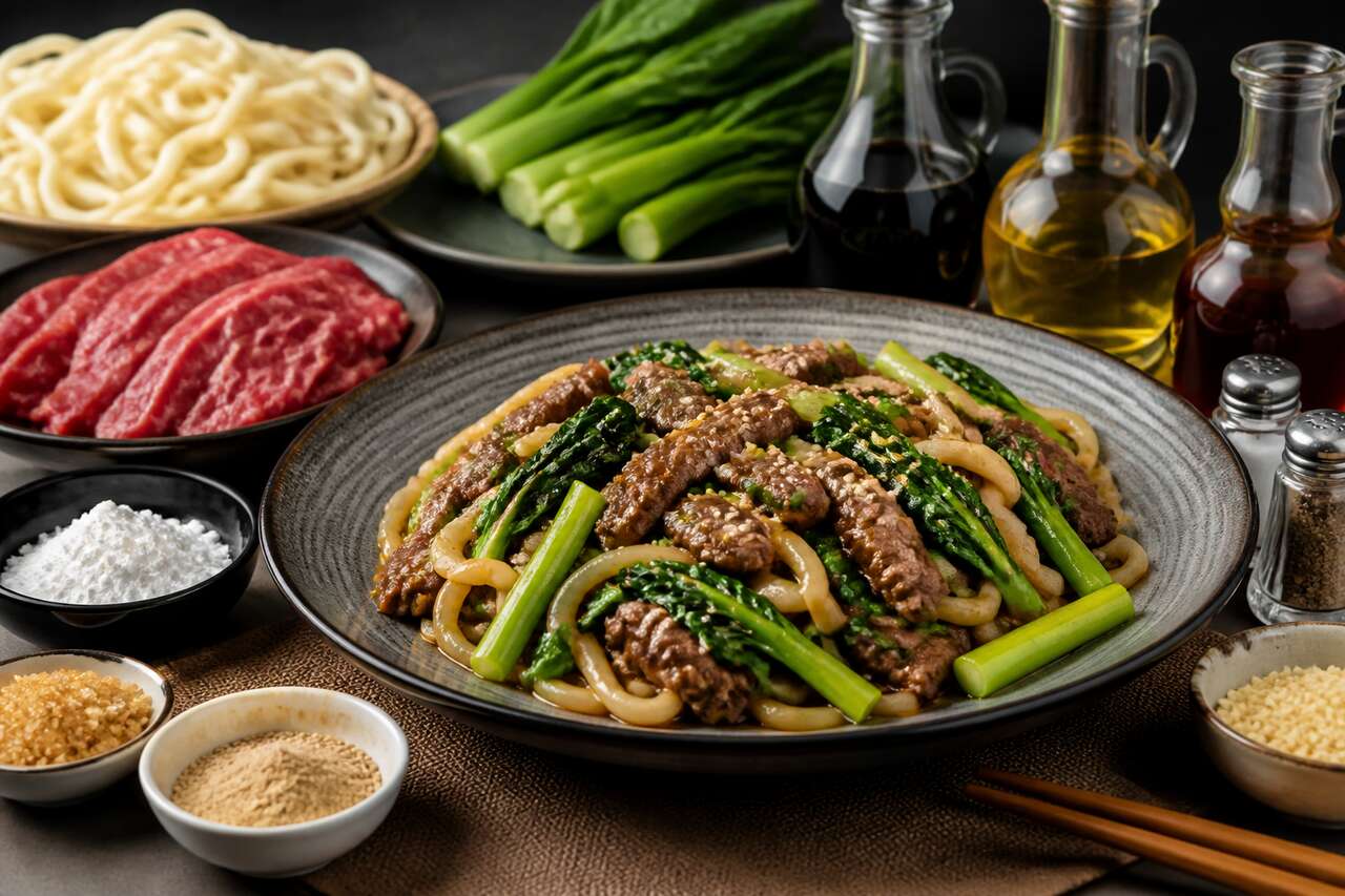 Nouilles udon au boeuf et brocoli chinois : recette savoureuse